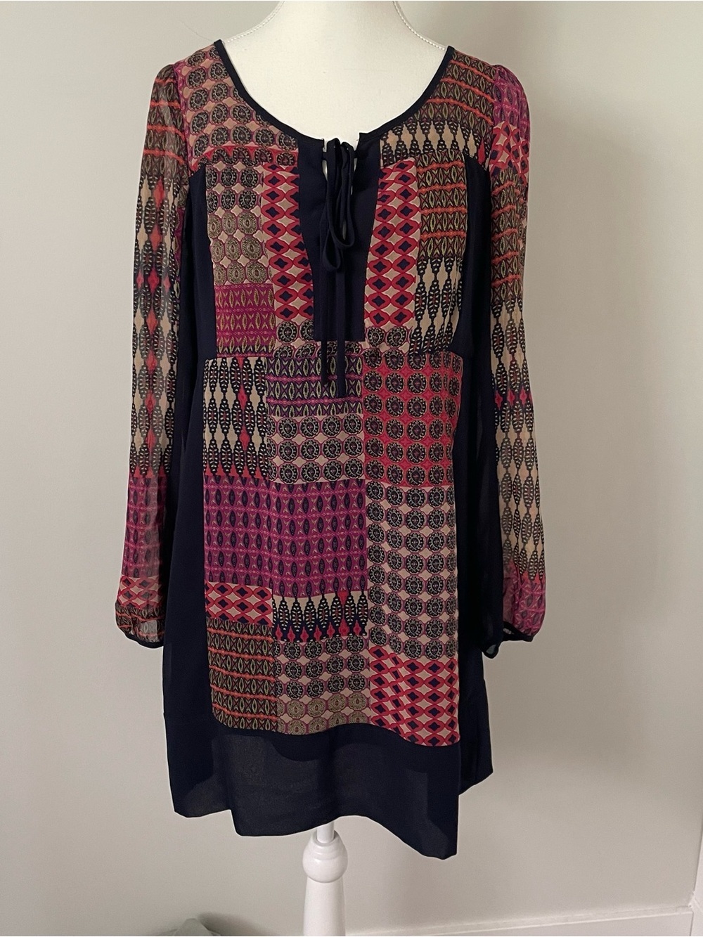 Anthropologie Maeve Rosalie Peasant Dress Navy Patchwork Geometric Print Medium
